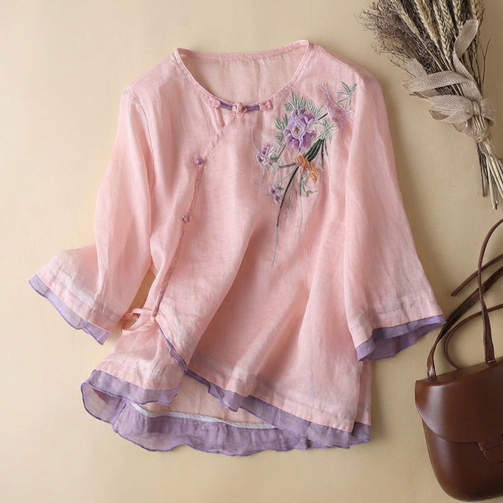 Linen Blend Kimono Blouse Embroidered