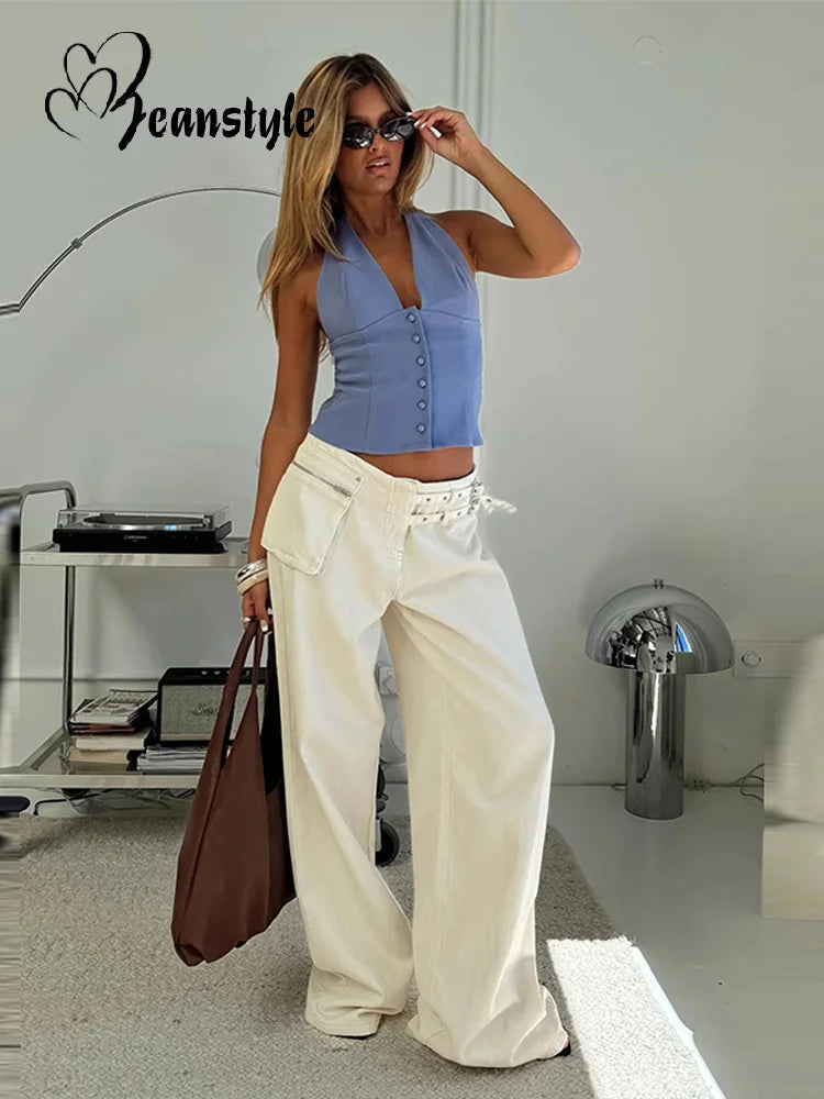 Women's Mid Rise Jeans Wide Leg with Pockets Light Blue