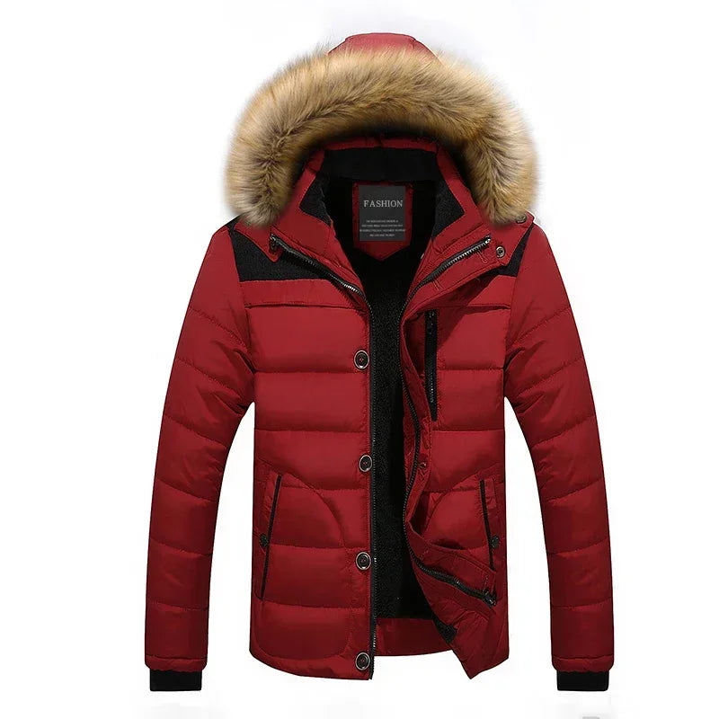 Men's Down Parka Wool Lined Hooded Fur Collar Jacket