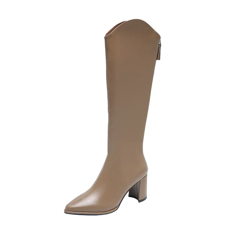 Women's Knee High Boots Side Zip Block Heel Comfortable