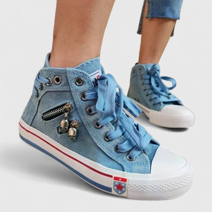 Women's Denim High Sneakers Lace-Up Side Zip
