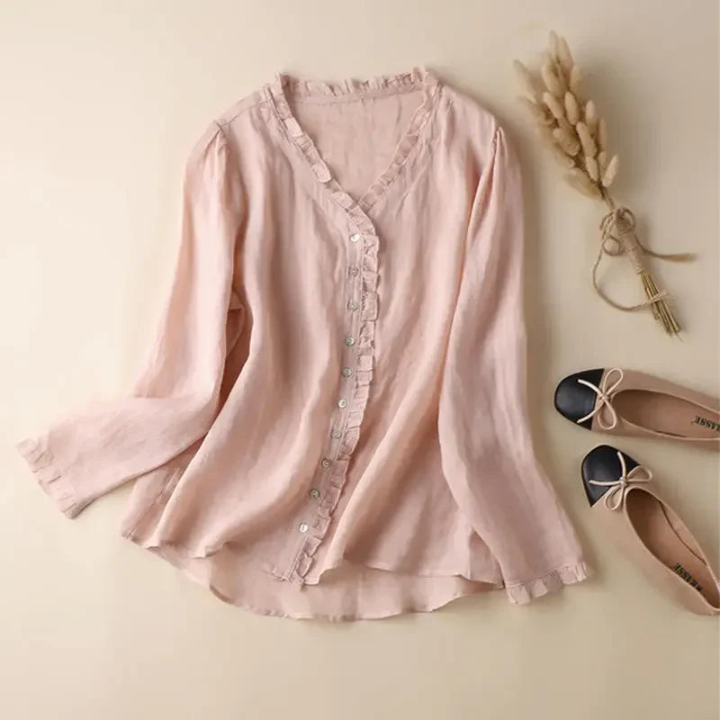 Women's Linen Neck V Blouse