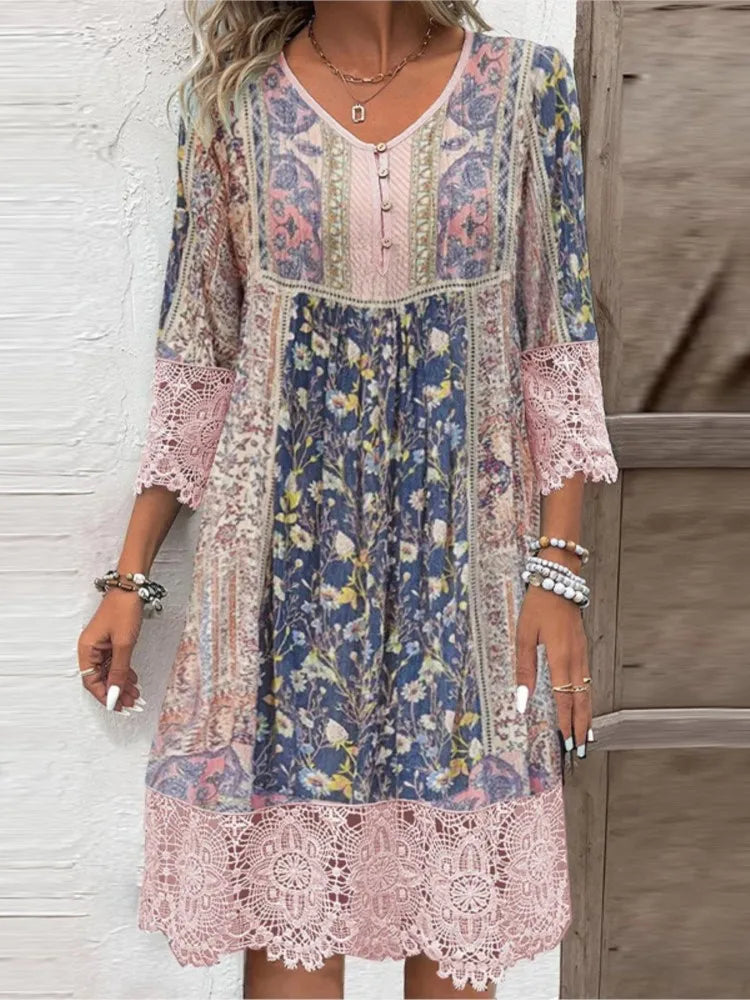 Women's Floral Lace Midi Dress V-Neck - Vonnera