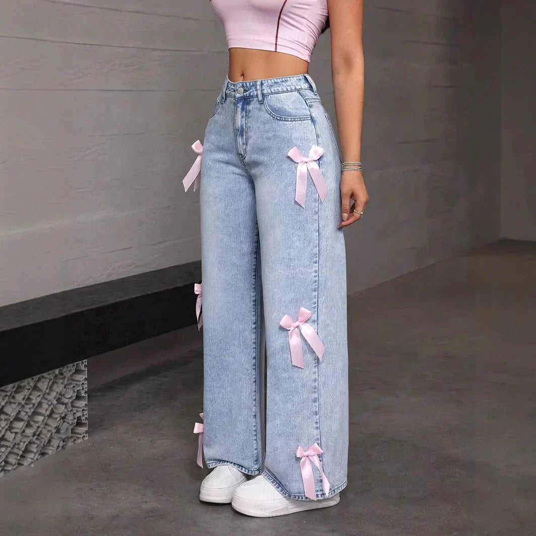 Women's Wide Leg Jeans High Waist Washed Denim Vintage Blue