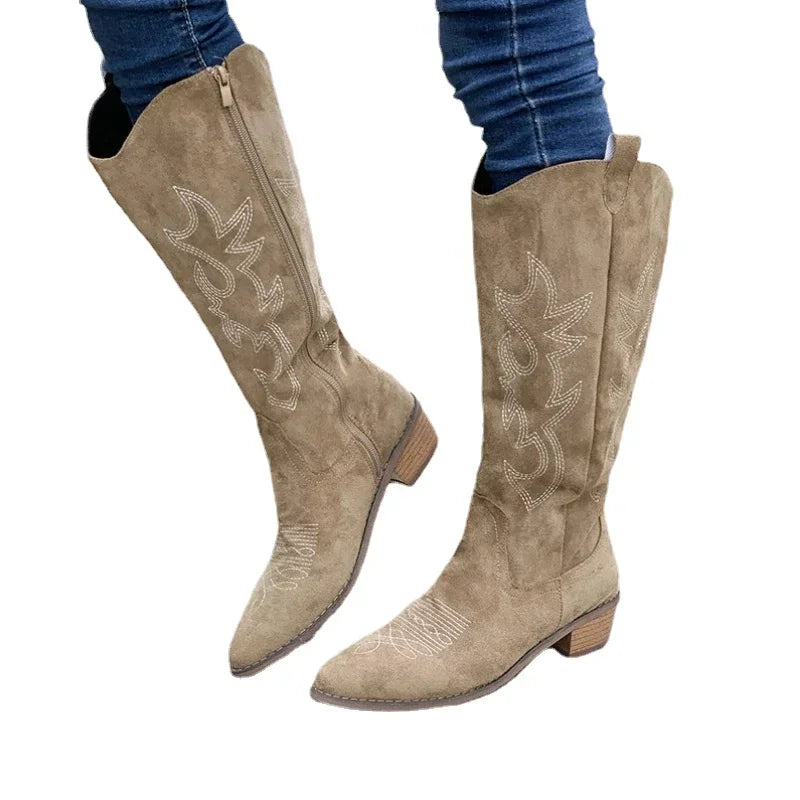 Women's Knee High Cowboy Boots Embroidered Brown
