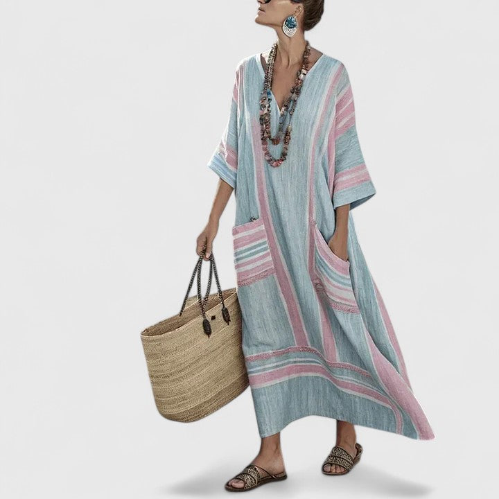 Sage | Women's V-Neck Striped Linen Maxi Dress with Pockets