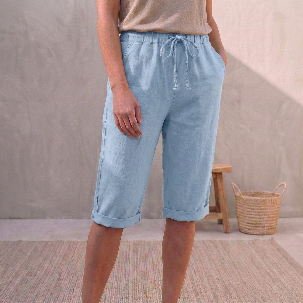 Linen Capri Pants Relaxed Fit Drawstring Waist Cuffed Beige