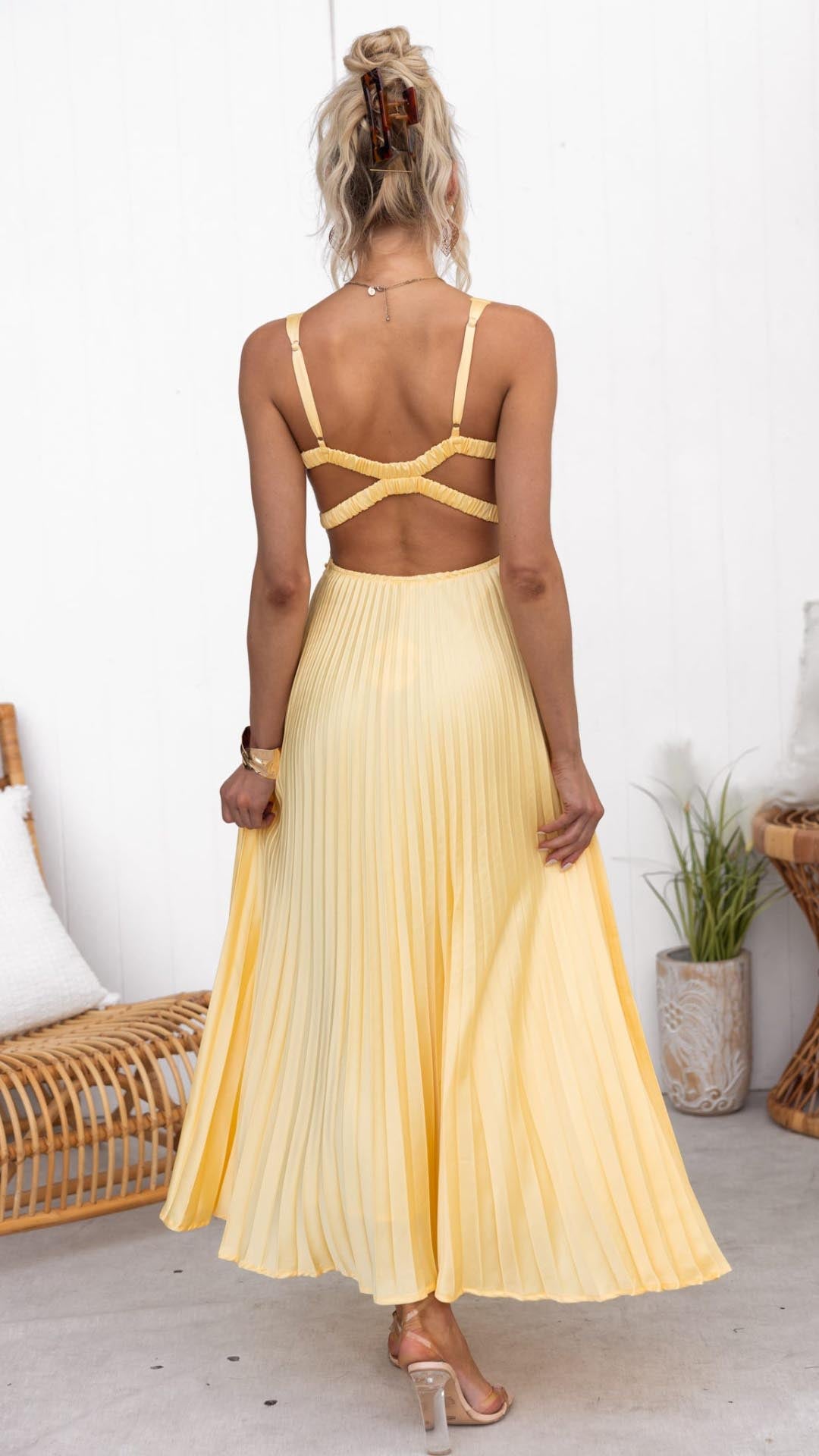 Women's Pleated V-Neck Maxi Dress Evening Wear