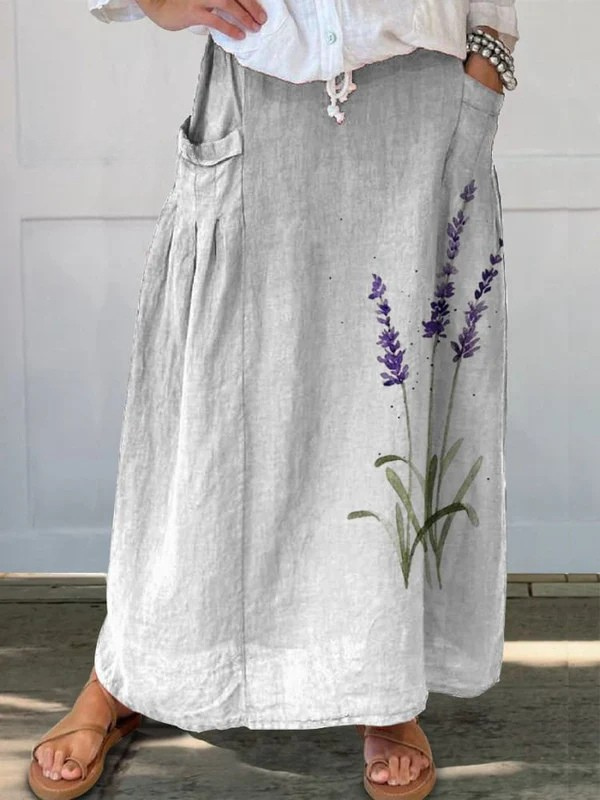 Women's Floral Pocket Skirt Elastic Waist Lavender Print - Vonnera