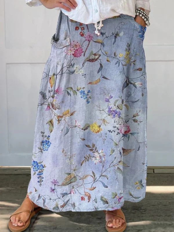 Elegant Vintage Blue Print Women's Pocket Skirt - Vonnera