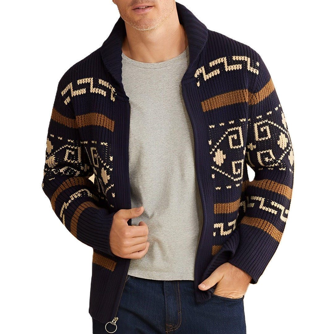 Men's Knit Cardigan Shawl Collar Zip-Up Tribal Pattern
