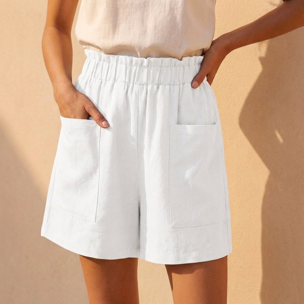 Women's Relaxed Fit Paperbag Shorts Cotton Patch Pockets Beige
