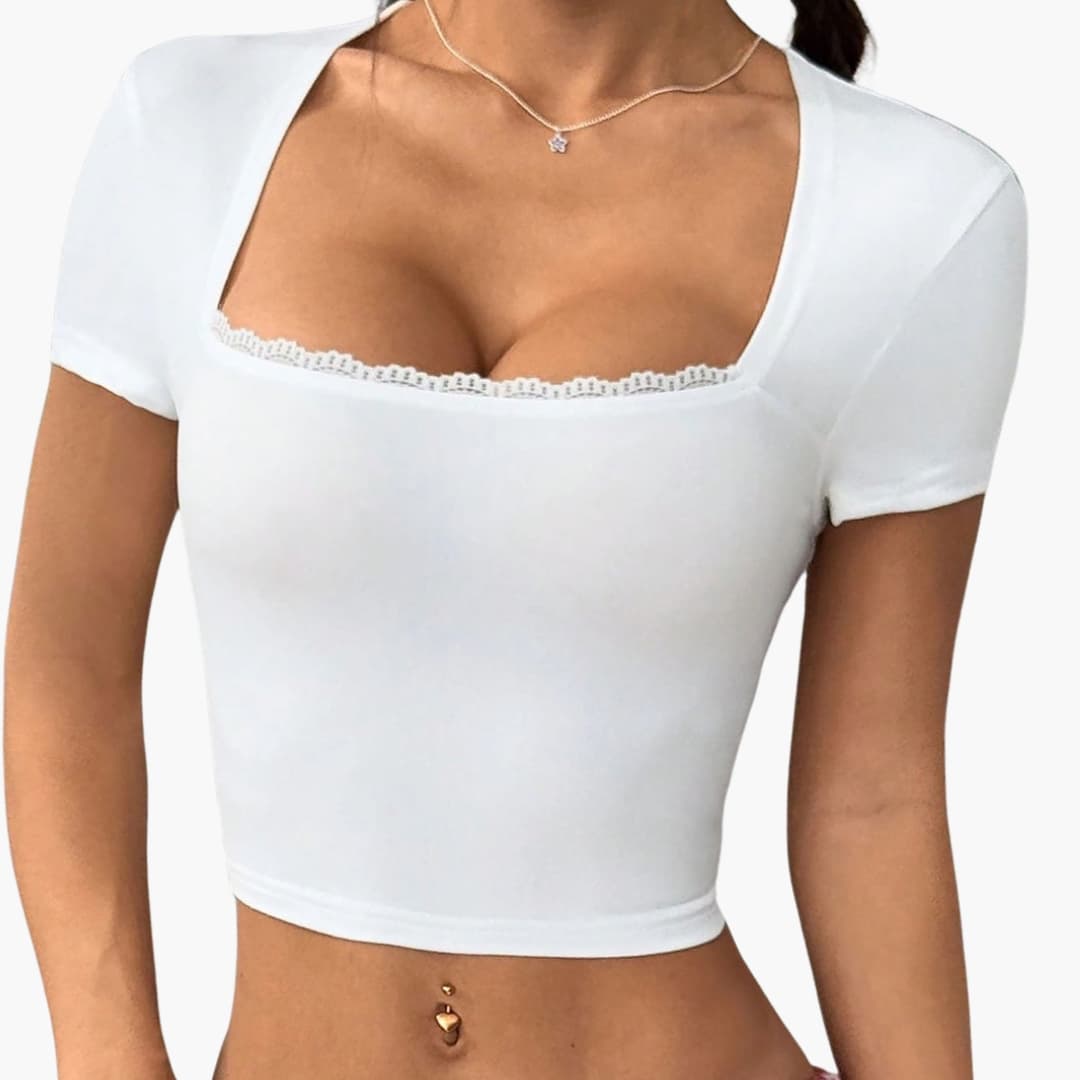 Women's Lace Trim Crop Square Neck - Vonnera