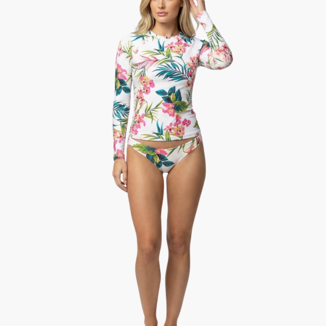 Women's Long Sleeve Rash Guard Swimsuit Floral Print Front Zip - Vonnera