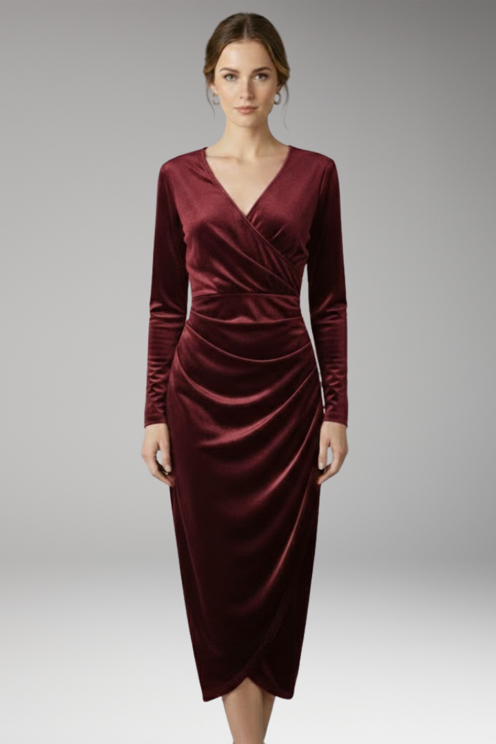 Women's Velvet Midi Dress Flowing Silhouette Black