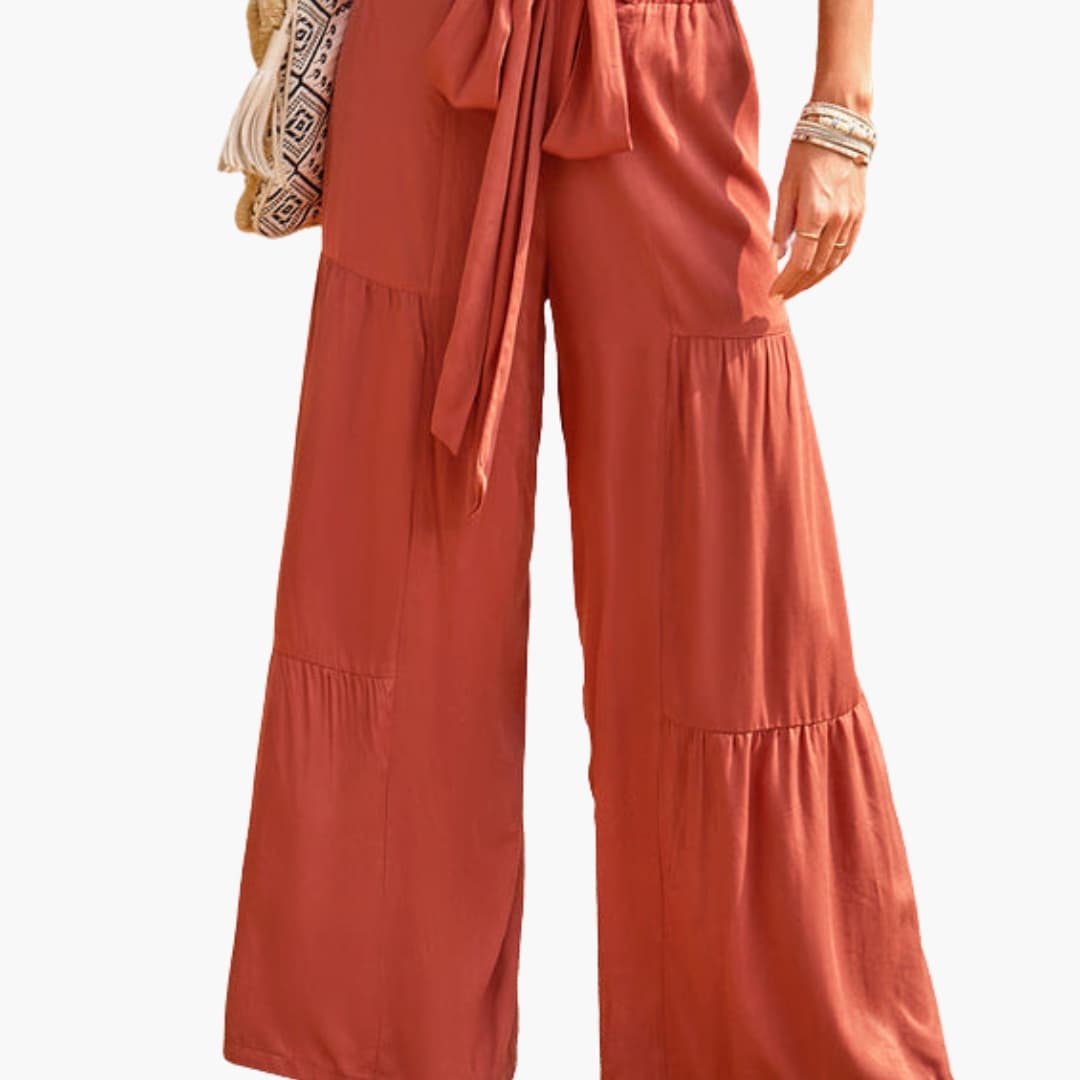 Women's Palazzo Pants Ruffle Detail Tie Belt