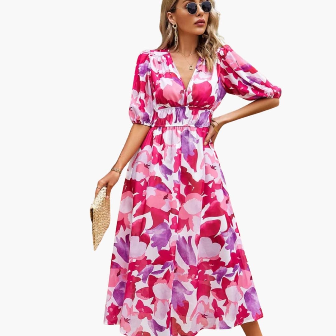 Women's Short Sleeve Midi Dress Loose Fit Printed Everyday
