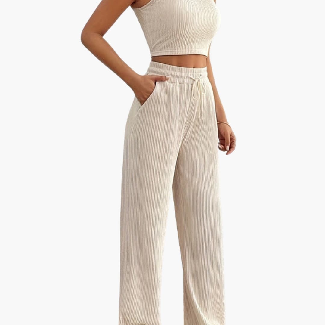Women's Ribbed Knit Crop And Loose Pants Set - Vonnera