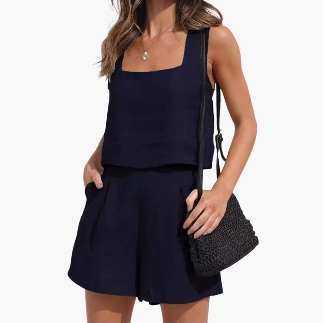 Women's Two Piece Crop Set Cotton Pleated Shorts