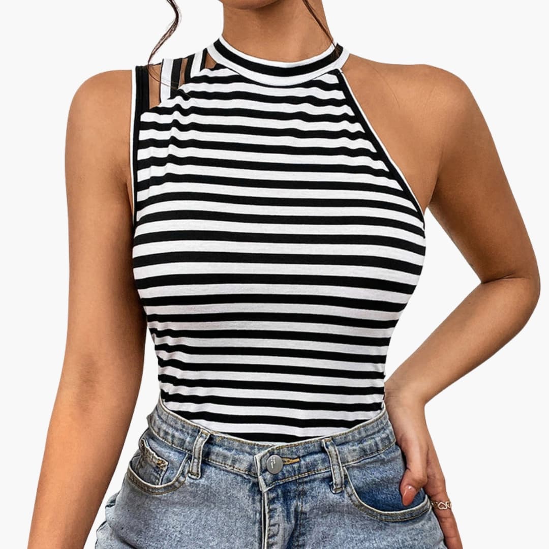 Women's Striped Blouse Stand Collar Half Sleeves - Vonnera