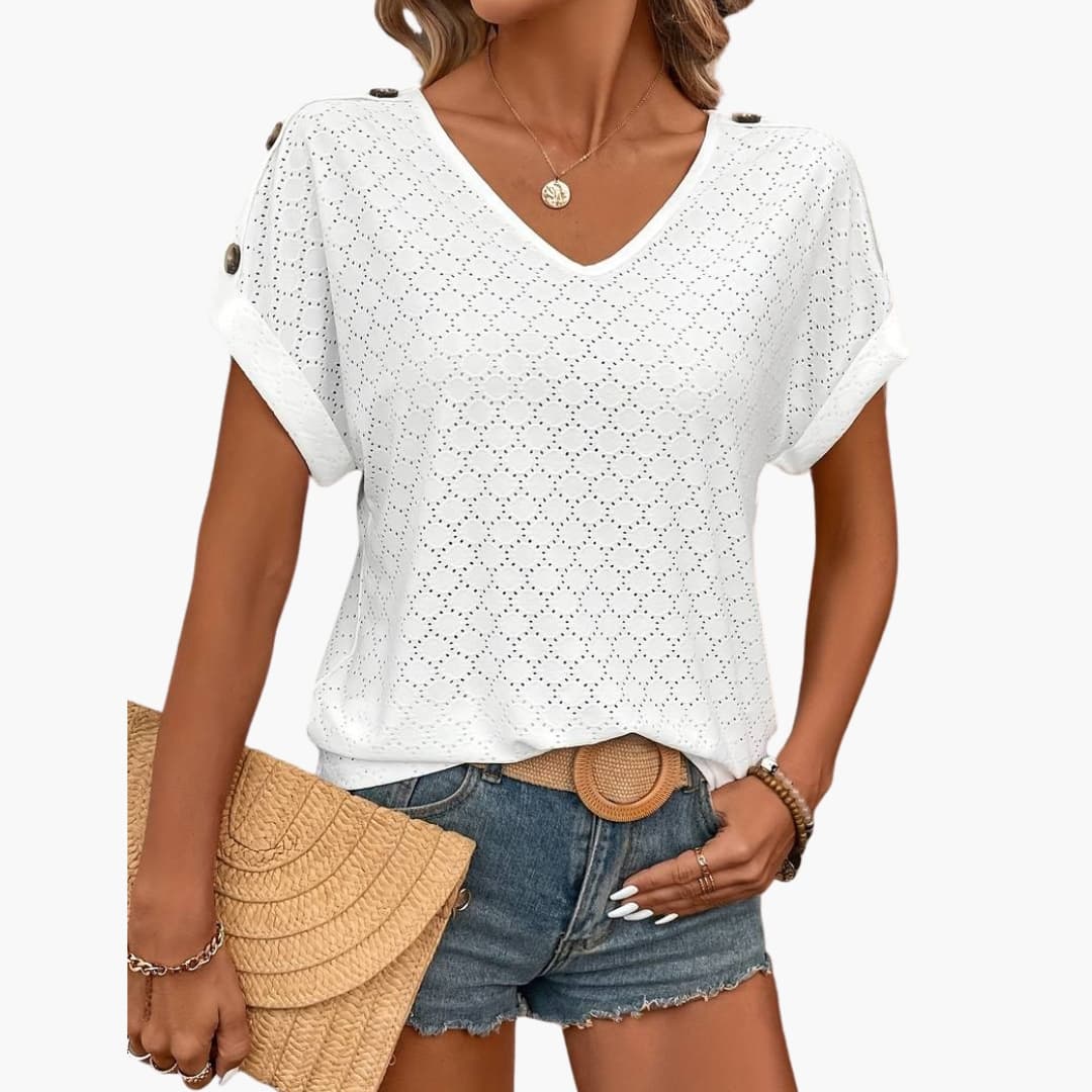 Women's Short Sleeve V-Neck T-Shirt Eyelet Detail - Vonnera
