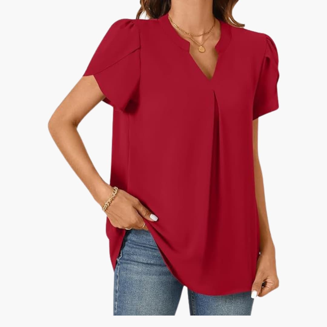 Women's Loose Fit Woven Blouse V-Neck Puff Sleeves