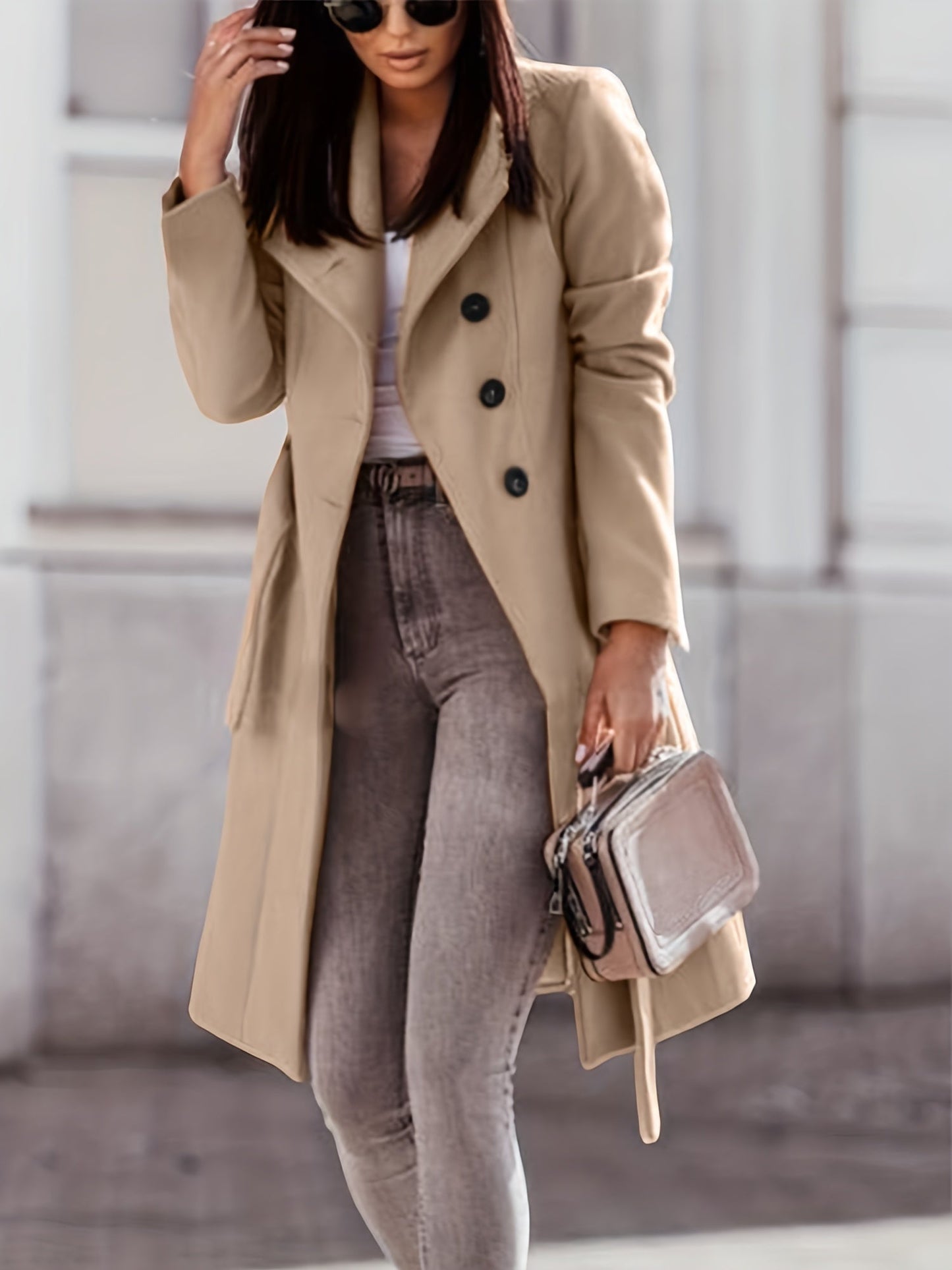 Women's Wool Trench Coat Double-Breasted Warm Beige