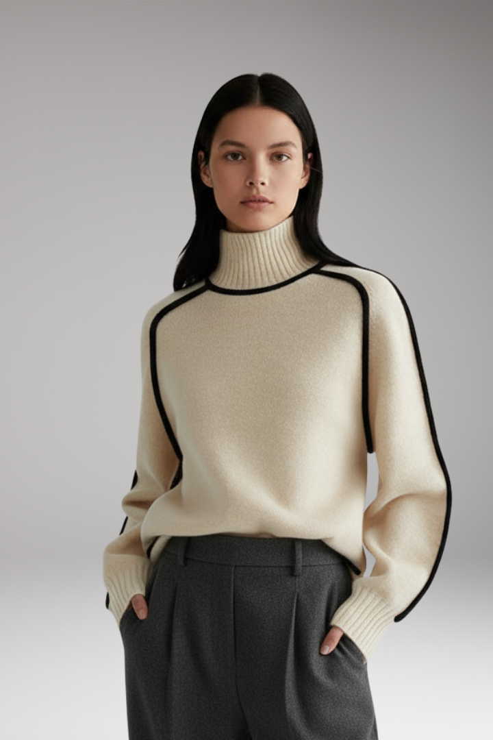 Women's Turtleneck Sweater High Collar Piping Detail