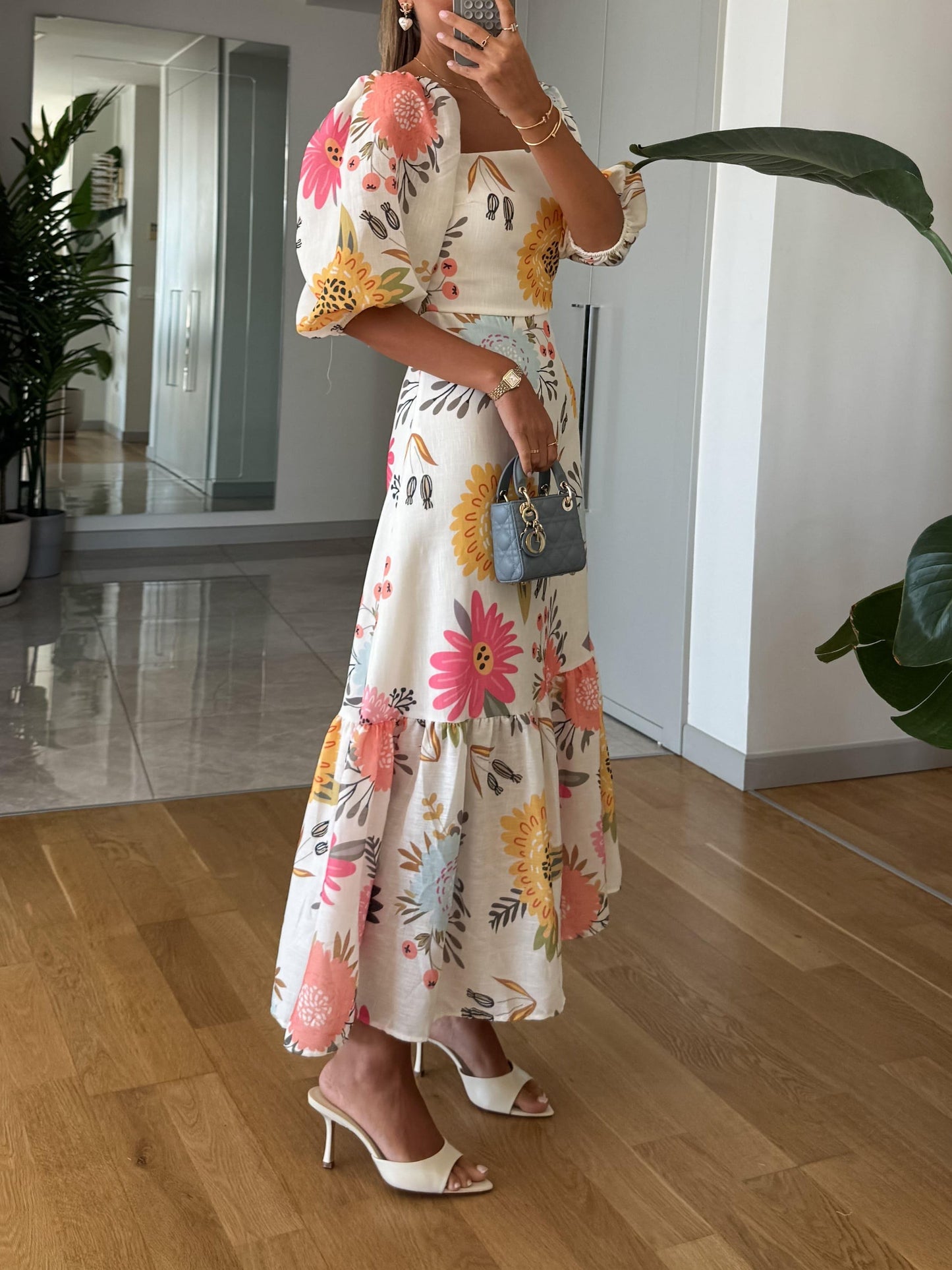 Women's Floral Midi Dress Square Neck