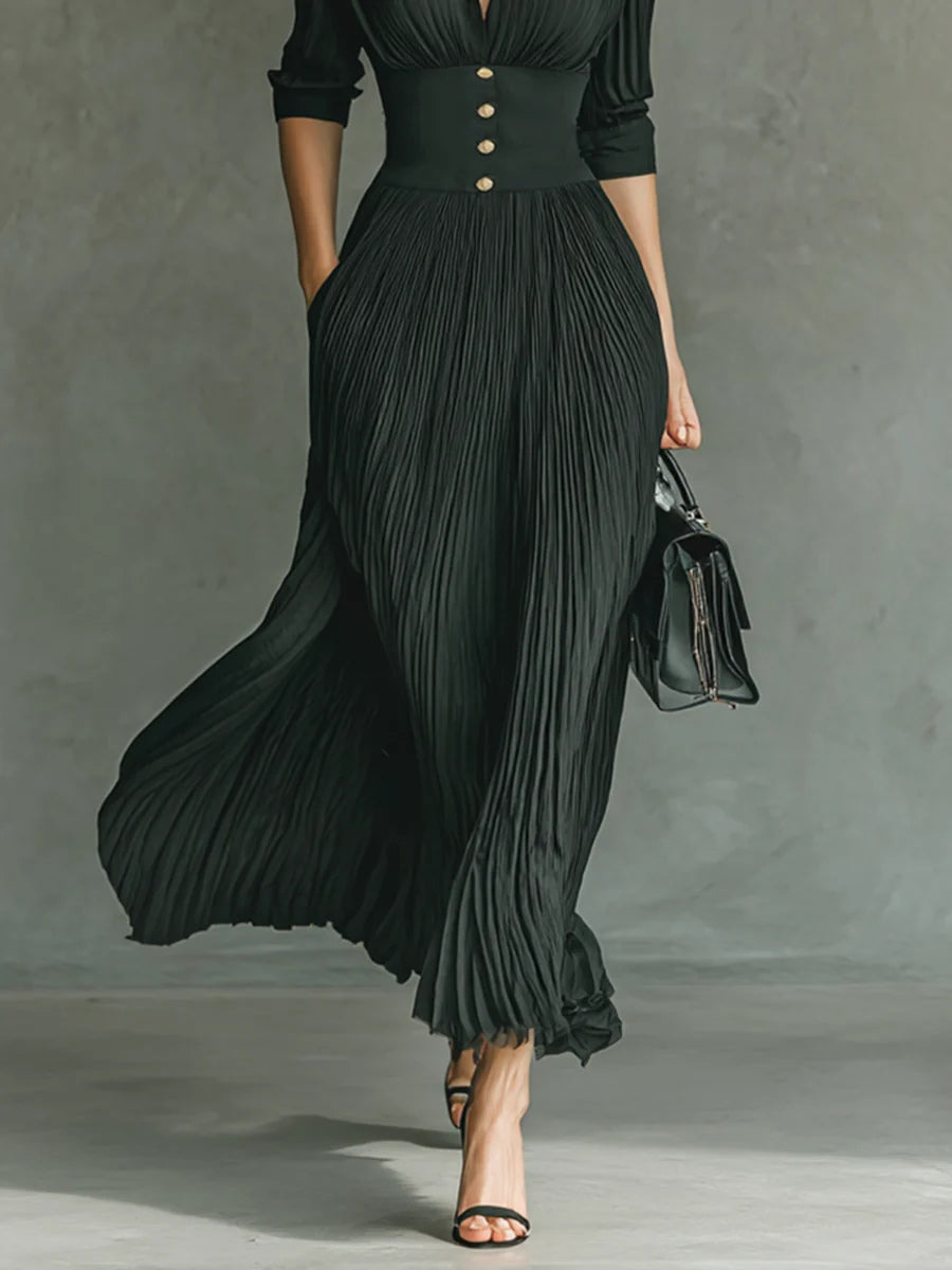 Women's Pleated Maxi Dress Belted Waist