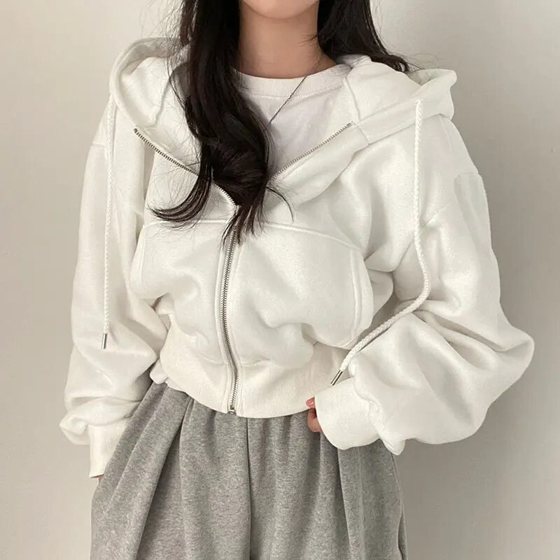 Women's Cropped Hoodie Oversized Cotton Zip-Up Black