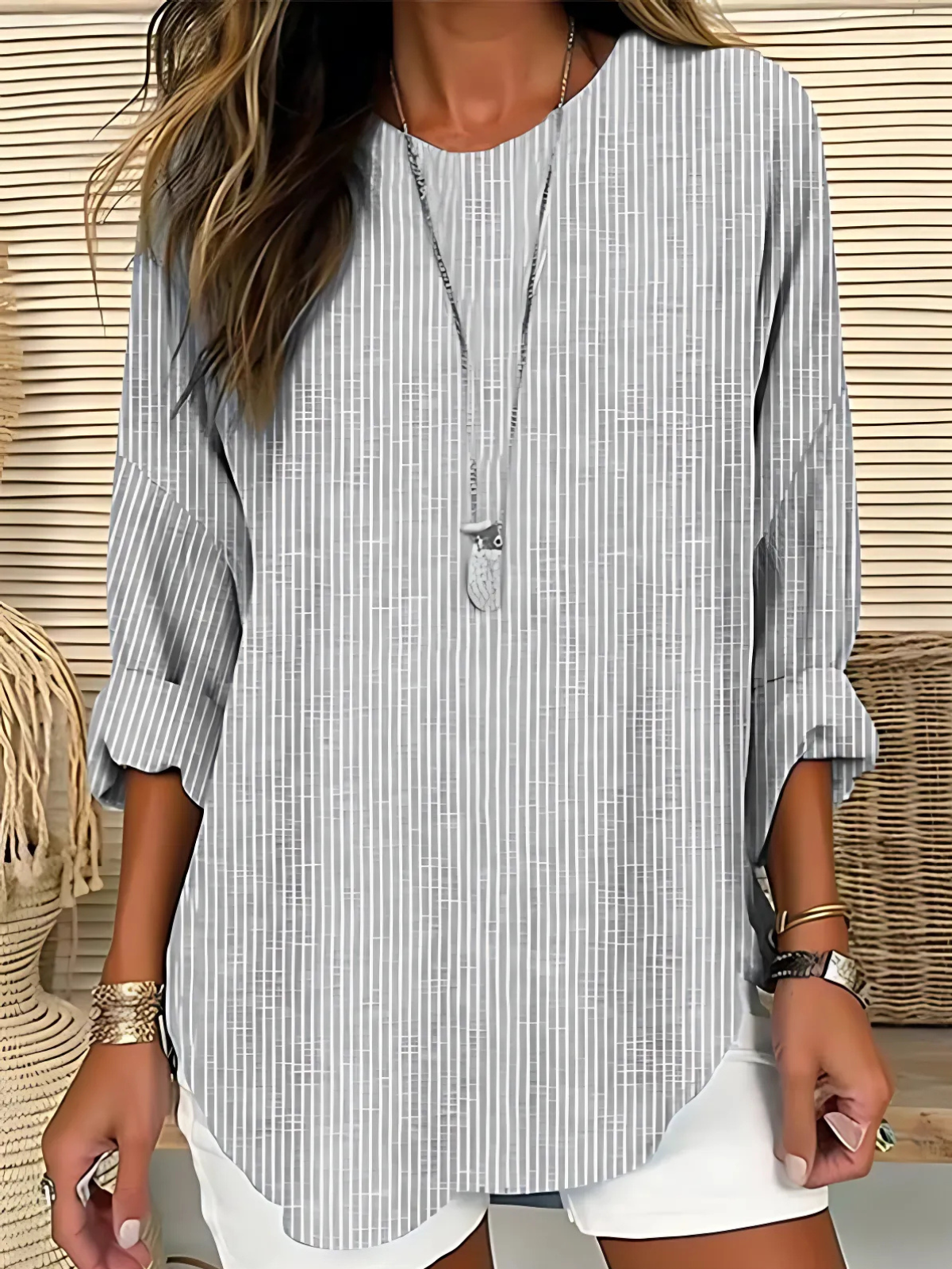 Women's Round Neck Blouse Vertical Stripe