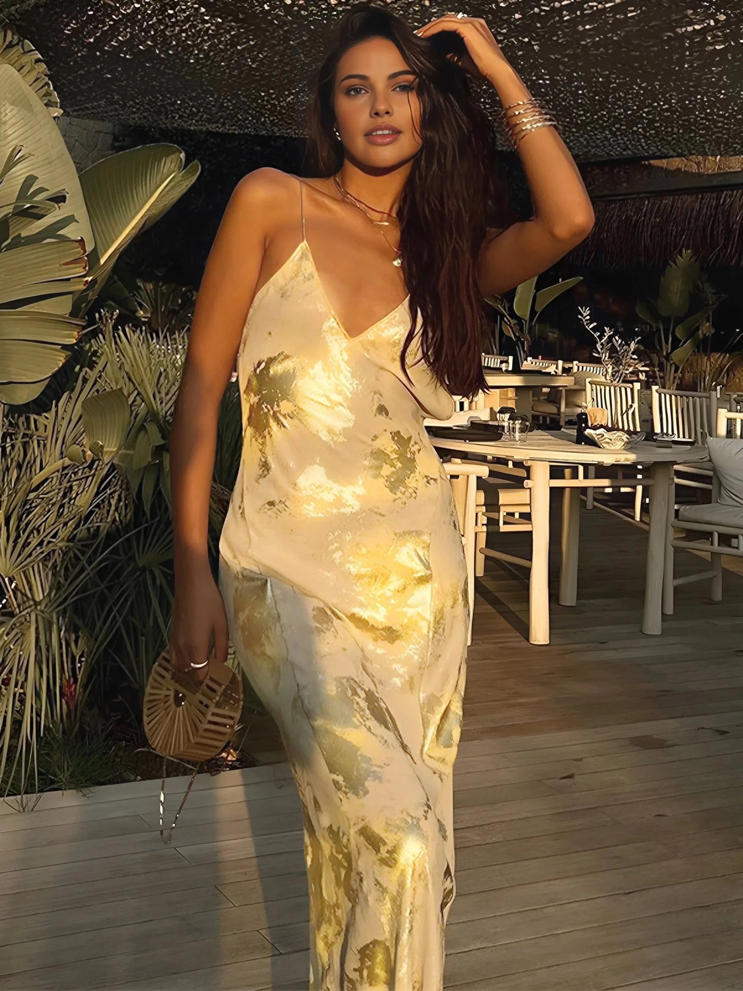 Aleen Women's Satin Maxi Dress Gold Strap