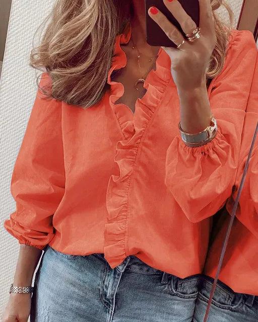 Image of Beverly | Women's Ruffle V-Neck Long Sleeve Blouse