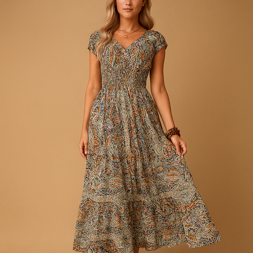 Women’s boho maxi summer dress with high waist and flowing fit, ideal for beach days, festivals, vacations, and relaxed summer outfits.