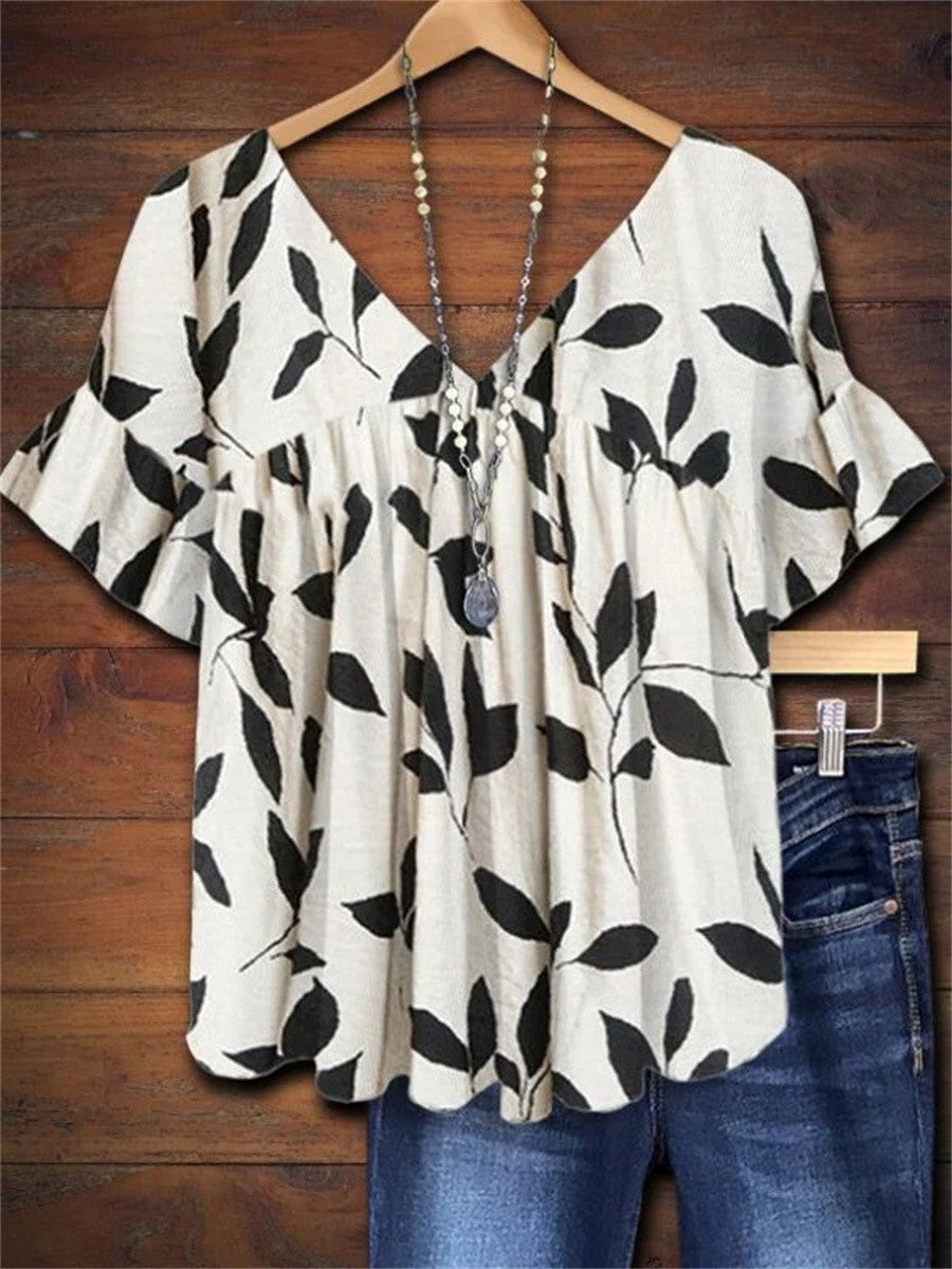 Women's V-Neck Ruffle Blouse Leaf Print Short Sleeve - Vonnera