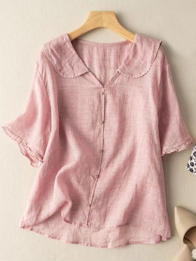 Women's Navy Cotton Linen Short Sleeve Shirt - Vonnera
