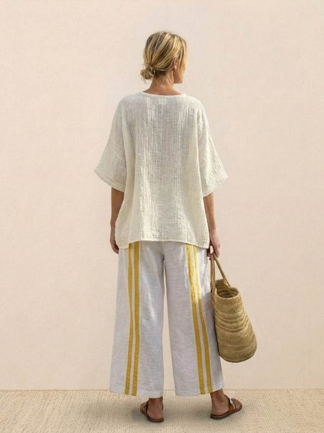 Women's Striped Wide Leg Pants Set Cotton Casual Two Piece