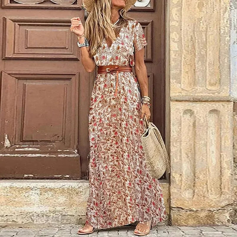 Women's V-Neck Belted Maxi Dress