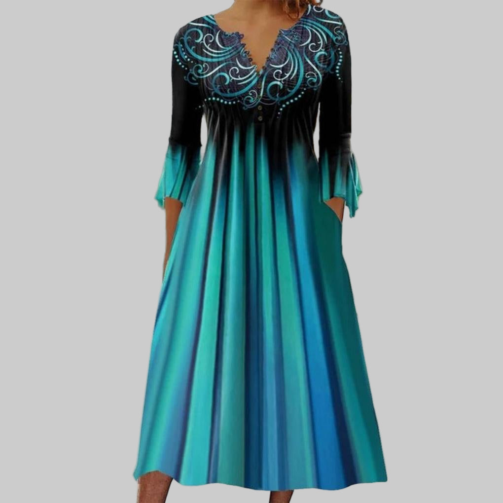 Women's V-Neck 3/4 Sleeve Ombre Dress Green - Vonnera