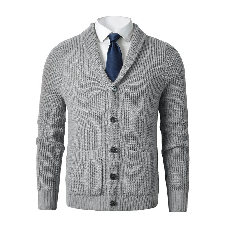 Men's Knit Cardigan Shawl Collar Button-Up Wool Blend Front Pockets