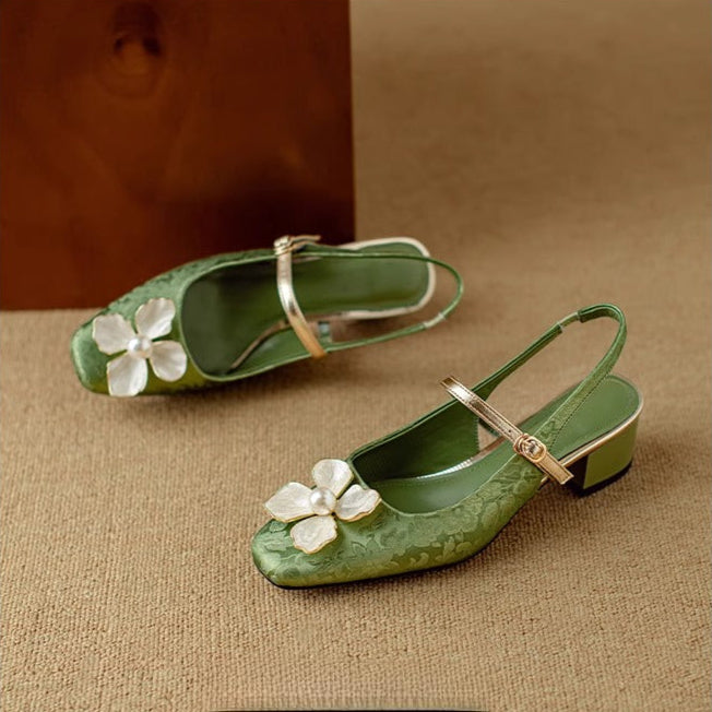 Isabeau | Women's Floral Mary Jane Pumps Block Heel Jacquard Strap