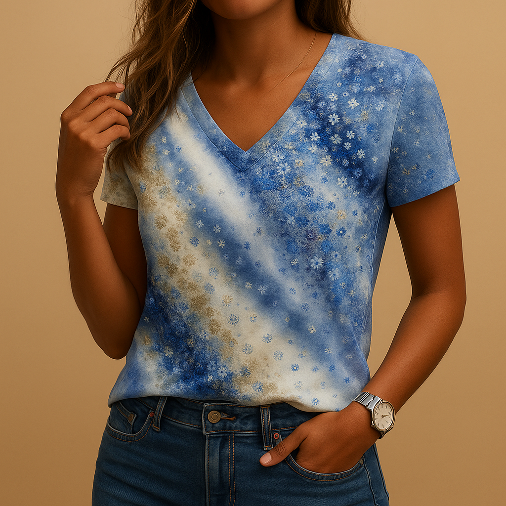 Gradient print v-neck blouse for women with short sleeves and a relaxed fit, suitable for summer outfits, casual days, and warm-weather wear.