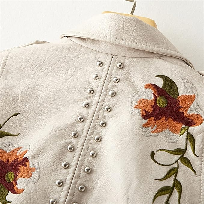 Women's Embroidered Leather Jacket with Studs