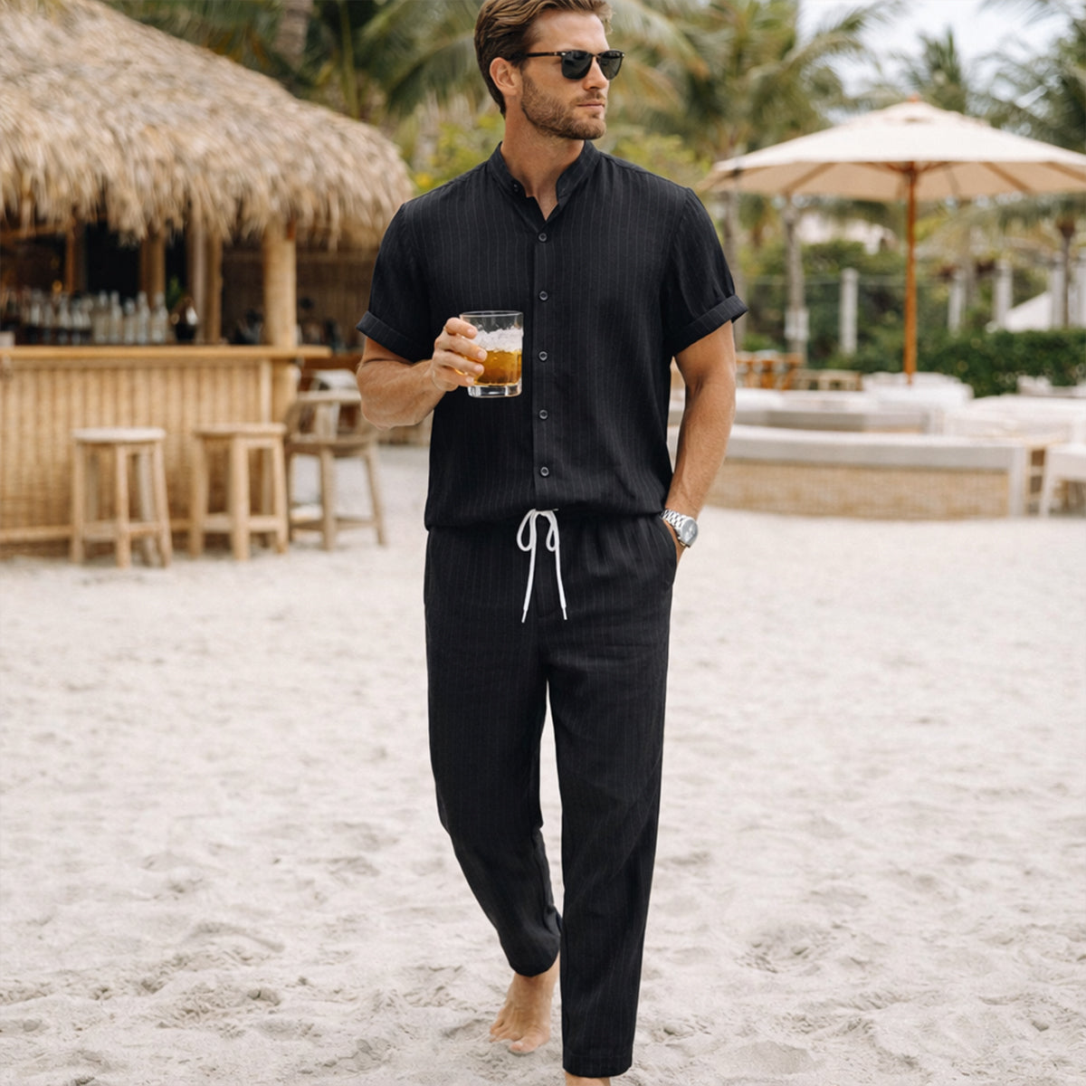 Men's Linen Summer Shirt And Pants Set Soft Beige