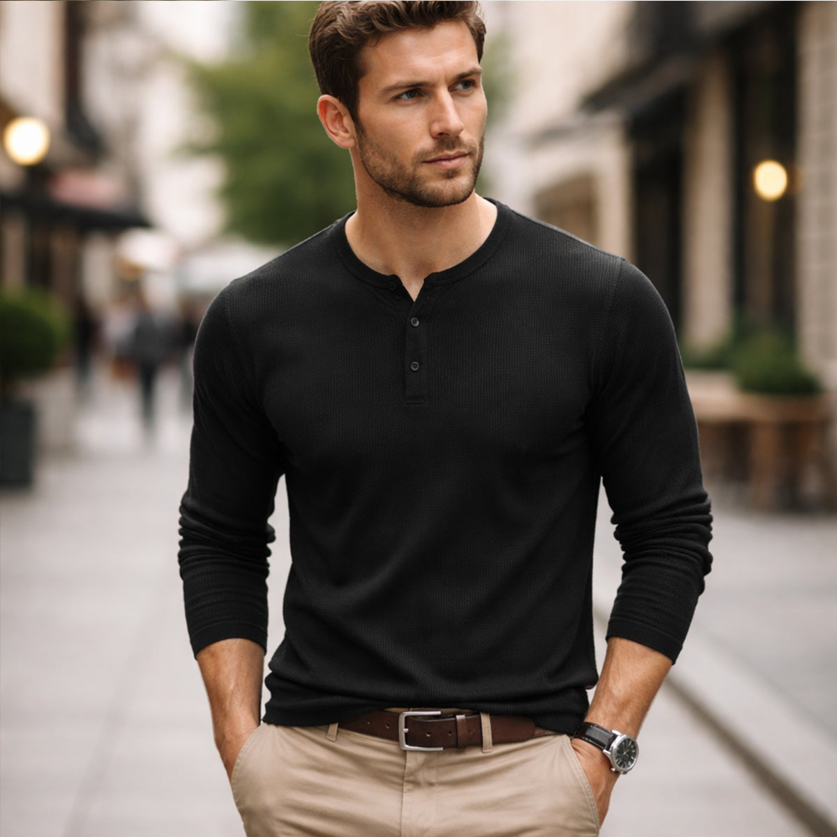 Men's Thermal Henley Shirt Waffle Pattern