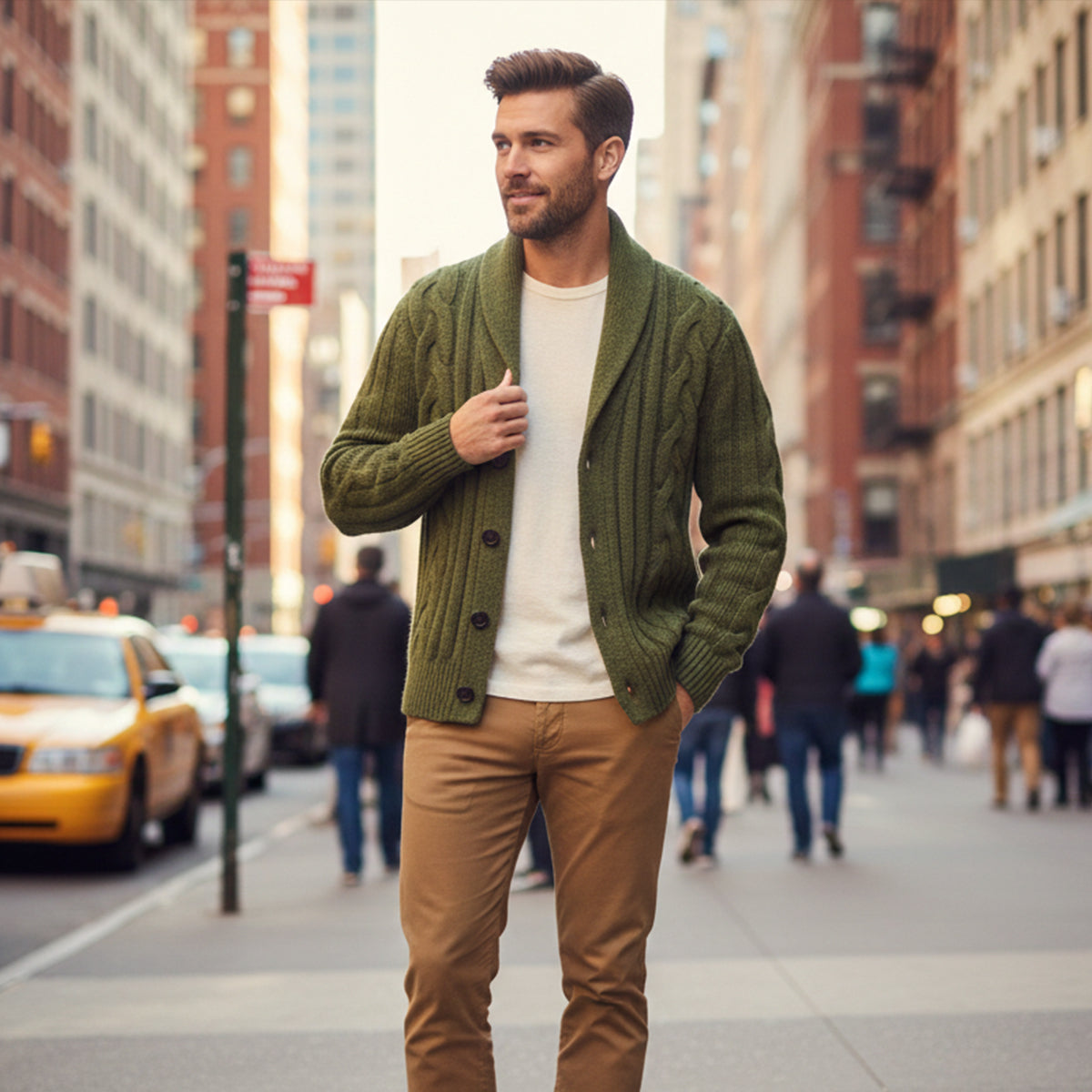 Men's Cable Knit Cardigan Shawl Collar Beige