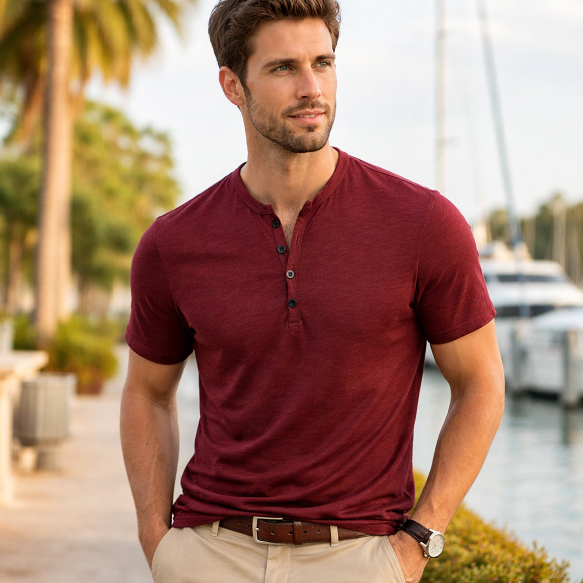 Men's Casual Henley T Shirt Short Sleeve Cotton
