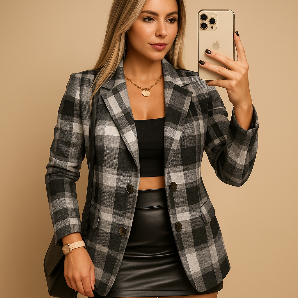 Women’s long quilted blazer with check pattern, button closure, and warm lining, ideal for winter days and both casual and formal outfits.