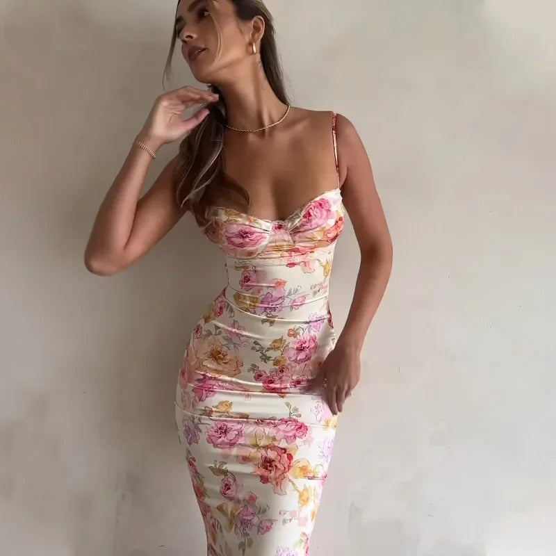 Women's Floral Maxi Dress Lace Trim
